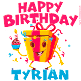 A funny animated birthday GIF with the words 'Happy Birthday Tyriana', colorful gift box with arms and legs, holding a cupcake with a lit candle  with confetti everywhere.