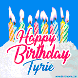 A cheerful animated GIF featuring colorful lit birthday candles on a white cake, with the text 'Happy Birthday Tyrie' in bold red and blue script on a bright blue background.