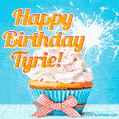 A cheerful animated GIF of a cupcake with creamy frosting, a red checkered ribbon, and a bright sparkler on top. The text 'Happy Birthday Tyrie!' is displayed in vibrant orange and red.