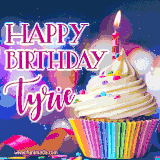 A festive animated GIF featuring a colorful cupcake with a single lit candle, sprinkles, and 'Happy Birthday Tyrie' text against a sparkling, celebratory background.