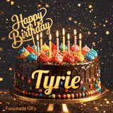 A personalized greeting card for Tyrie featuring a chocolate cake with colorful toppings on a sparkly starry background.