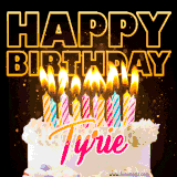 A vibrant animated GIF featuring a delicious birthday cake topped with glowing candles and the name 'Tyrie' in elegant script, and the words 'Happy Birthday' on the black background.