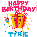 A funny animated birthday GIF with the words 'Happy Birthday Tyriea', colorful gift box with arms and legs, holding a cupcake with a lit candle  with confetti everywhere.