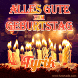 An animated GIF featuring 'Alles Gute Zum Geburtstag Tyrik' in glowing red and gold letters above a cake with colorful lit candles, set against a festive sparkling background.