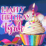 A festive animated GIF featuring a colorful cupcake with a single lit candle, sprinkles, and 'Happy Birthday Tyrik' text against a sparkling, celebratory background.