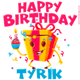 A funny animated birthday GIF with the words 'Happy Birthday Tyrika', colorful gift box with arms and legs, holding a cupcake with a lit candle  with confetti everywhere.