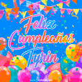 A vibrant animated GIF with 'Feliz Cumpleaños Tyrin' written in colorful script, surrounded by balloons, confetti, and bunting on a bright blue background.