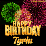 A captivating GIF with bursts of green, pink, and orange fireworks lighting up the night sky, accompanied by 'Happy Birthday Tyrin' in glowing golden text.