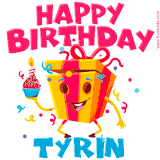 A funny animated birthday GIF with the words 'Happy Birthday Tyrina', colorful gift box with arms and legs, holding a cupcake with a lit candle  with confetti everywhere.
