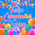 A vibrant animated GIF with 'Feliz Cumpleaños Tyrion' written in colorful script, surrounded by balloons, confetti, and bunting on a bright blue background.