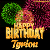 A captivating GIF with bursts of green, pink, and orange fireworks lighting up the night sky, accompanied by 'Happy Birthday Tyrion' in glowing golden text.