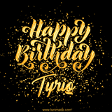 Animated GIF with colorful, festive 'Happy Birthday Tyriq' text decorated with patterns, a party hat, and falling confetti. A vibrant and cheerful design for birthday celebrations.