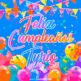 A vibrant animated GIF with 'Feliz Cumpleaños Tyriq' written in colorful script, surrounded by balloons, confetti, and bunting on a bright blue background.