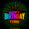 A colorful animated GIF featuring the text 'Happy Birthday Tyriq!' in rainbow colors with a dynamic iridescent firework display in the background.