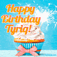 A cheerful animated GIF of a cupcake with creamy frosting, a red checkered ribbon, and a bright sparkler on top. The text 'Happy Birthday Tyriq!' is displayed in vibrant orange and red.