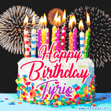 A lively happy birthday animated GIF showcasing a colorful birthday cake covered in sprinkles, topped with glowing candles, and surrounded by vibrant fireworks. The name 'Tyriq' is featured in elegant script.