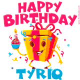 A funny animated birthday GIF with the words 'Happy Birthday Tyriqa', colorful gift box with arms and legs, holding a cupcake with a lit candle  with confetti everywhere.