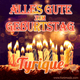 An animated GIF featuring 'Alles Gute Zum Geburtstag Tyrique' in glowing red and gold letters above a cake with colorful lit candles, set against a festive sparkling background.