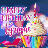 A festive animated GIF featuring a colorful cupcake with a single lit candle, sprinkles, and 'Happy Birthday Tyrique' text against a sparkling, celebratory background.