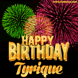 A captivating GIF with bursts of green, pink, and orange fireworks lighting up the night sky, accompanied by 'Happy Birthday Tyrique' in glowing golden text.