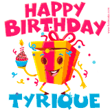 A funny animated birthday GIF with the words 'Happy Birthday Tyriquea', colorful gift box with arms and legs, holding a cupcake with a lit candle  with confetti everywhere.