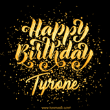 Animated GIF with colorful, festive 'Happy Birthday Tyrone' text decorated with patterns, a party hat, and falling confetti. A vibrant and cheerful design for birthday celebrations.