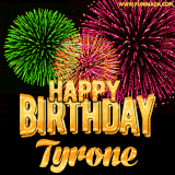 A captivating GIF with bursts of green, pink, and orange fireworks lighting up the night sky, accompanied by 'Happy Birthday Tyrone' in glowing golden text.