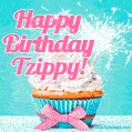 Happy Birthday Tzippy! Elegang Sparkling Cupcake GIF Image.