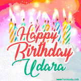 Bright birthday candles with rainbow flames on a cake, alongside the text 'Happy Birthday Udara' in vibrant script in this celebratory animated GIF.