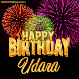A golden 'Happy Birthday Udara' message with vibrant fireworks in the background, creating a festive and celebratory vibe in this animated name GIF.