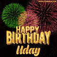 Wishing You A Happy Birthday, Uday! Best fireworks GIF animated greeting card.