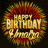 Golden 'Happy Birthday Umaiza' text accompanied by animated rainbow fireworks for a festive animated greeting.