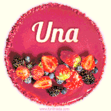 Beautifully decorated red velvet berry birthday cake with vibrant fruits and a glowing 'Una' name, adding a touch of sweetness and sparkle.