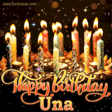 A glowing personalized birthday GIF with name Una featuring lit candles with intricate designs, warm lighting, and the text 'Happy Birthday' in an elegant font.