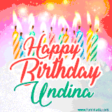 Bright birthday candles with rainbow flames on a cake, alongside the text 'Happy Birthday Undina' in vibrant script in this celebratory animated GIF.