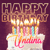 A colorful birthday cake topped with lit candles, with the words 'Happy Birthday Undina' in bold glowing letters on a burgundy background. Animated flames add a festive touch.
