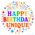 Happy Birthday Unique' GIF with rainbow-colored letters, colorful stars, and fireworks on white background.