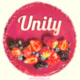 Beautifully decorated red velvet berry birthday cake with vibrant fruits and a glowing 'Unity' name, adding a touch of sweetness and sparkle.