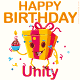 A vibrant and funny gift box character with a happy face dancing with a cupcake and the text 'Happy Birthday Unity,' surrounded by animated confetti and party vibes.