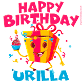 A vibrant and funny gift box character with a happy face dancing with a cupcake and the text 'Happy Birthday Urilla,' surrounded by animated confetti and party vibes.