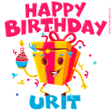 A vibrant and funny gift box character with a happy face dancing with a cupcake and the text 'Happy Birthday Urit,' surrounded by animated confetti and party vibes.
