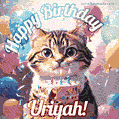 Happy birthday gif for Uriyah with cat and cake