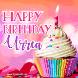 A vibrant birthday GIF featuring a rainbow-colored cupcake topped with white frosting, sprinkles, and a lit candle. The text reads 'Happy Birthday Urrea' in bold pink and violet letters with white outline.