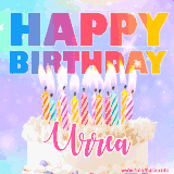 A vibrant animated name GIF with the words 'Happy Birthday Urrea' with colorful candles on a creamy cake. The background sparkles with pastel shades, adding a festive touch.