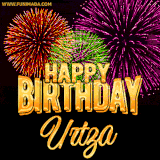 A golden 'Happy Birthday Urtza' message with vibrant fireworks in the background, creating a festive and celebratory vibe in this animated name GIF.