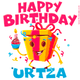 A vibrant and funny gift box character with a happy face dancing with a cupcake and the text 'Happy Birthday Urtza,' surrounded by animated confetti and party vibes.