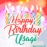 Bright birthday candles with rainbow flames on a cake, alongside the text 'Happy Birthday Usagi' in vibrant script in this celebratory animated GIF.