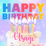 A vibrant animated name GIF with the words 'Happy Birthday Usagi' with colorful candles on a creamy cake. The background sparkles with pastel shades, adding a festive touch.