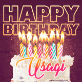 A colorful birthday cake topped with lit candles, with the words 'Happy Birthday Usagi' in bold glowing letters on a burgundy background. Animated flames add a festive touch.