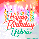 Bright birthday candles with rainbow flames on a cake, alongside the text 'Happy Birthday Ushria' in vibrant script in this celebratory animated GIF.